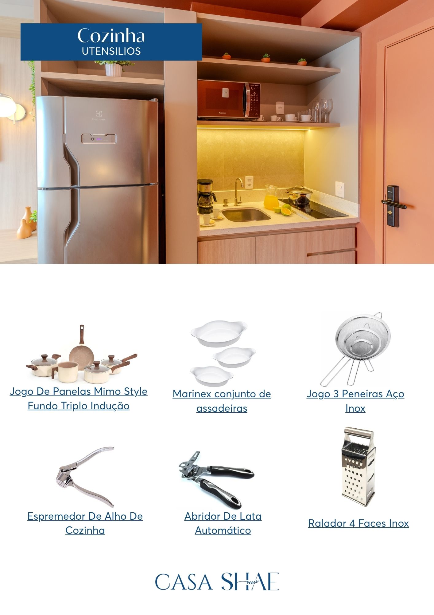 Página do guia: utensílios de cozinha especificados, parte 2, com link direto de compra